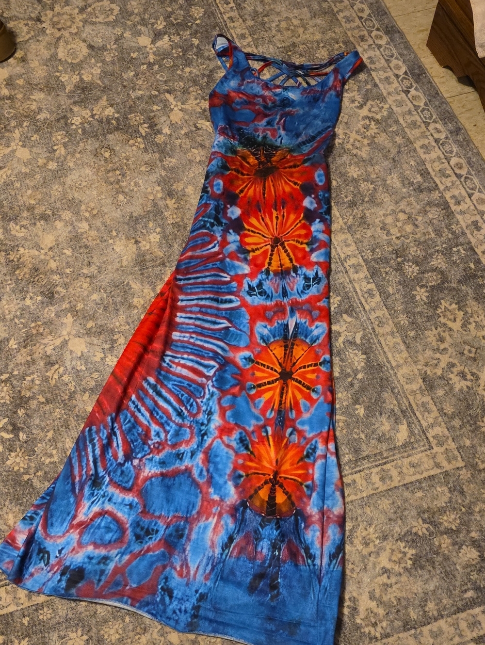 Boho Tie-Dye Maxi Dress in Blue & Red with Orange Floral Accents